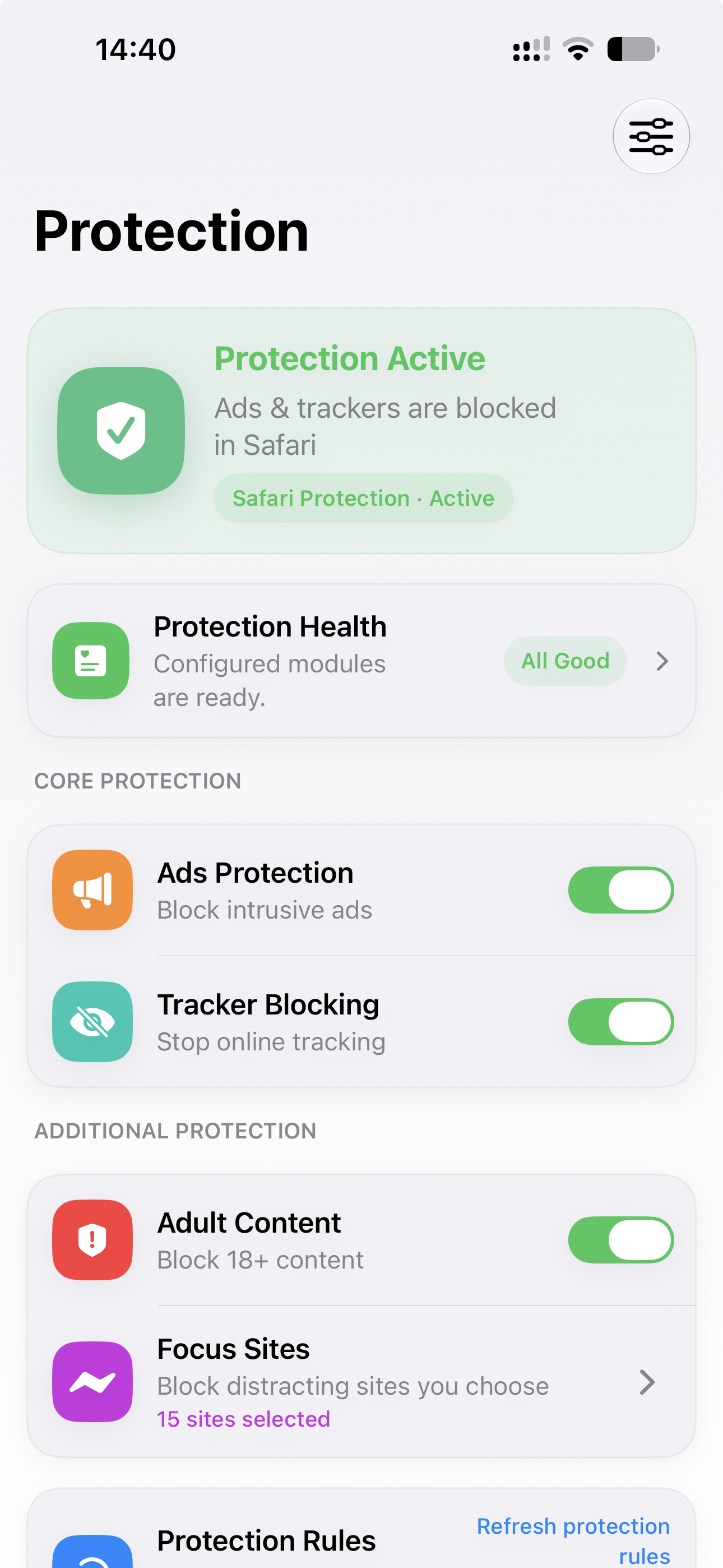 Block Ads & Pop Ups app protection dashboard on iPhone
